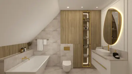 Wnętrze łazienki z drewnem i marmurowymi detalami, styl glamour i minimaluxe