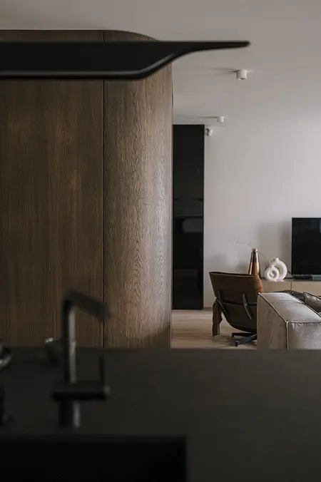 Wnętrze z drewnianymi meblami, minimalistycznym stylem i nowoczesnym telewizorem.
