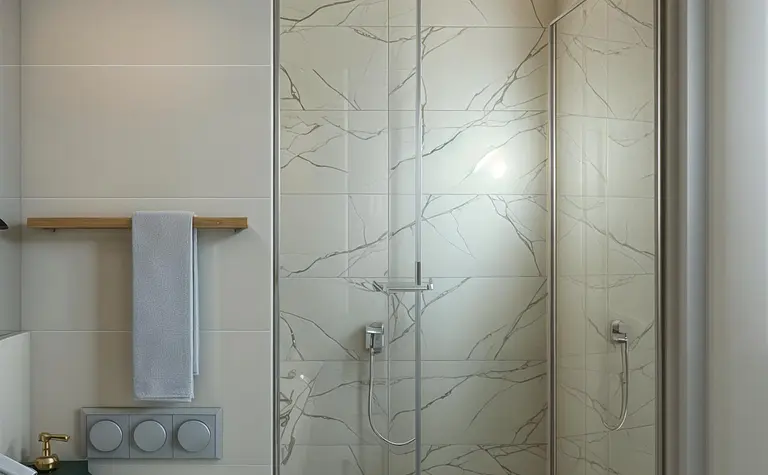 Wnętrze łazienki z nowoczesną kabiną prysznicową i umywalką. Styl art deco i vintage.