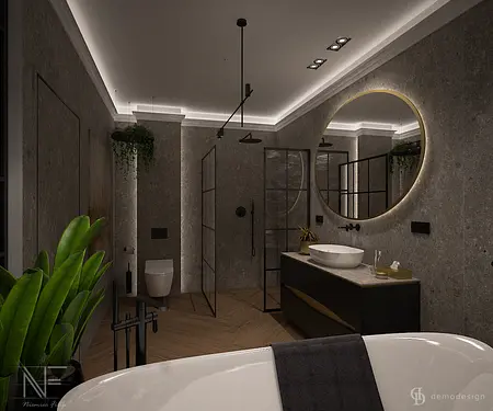 Wnętrze łazienki w stylu industrialnym z dużym lustrem i roślinnością