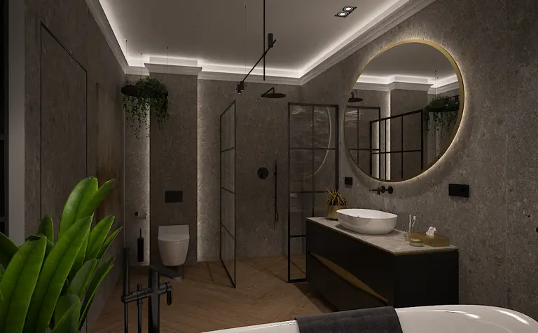 Wnętrze łazienki w stylu industrialnym z dużym lustrem i roślinnością