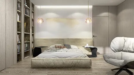 Minimalistyczna sypialnia z jasnymi meblami, podłogą drewnianą, styl minimaluxe i nowoczesny