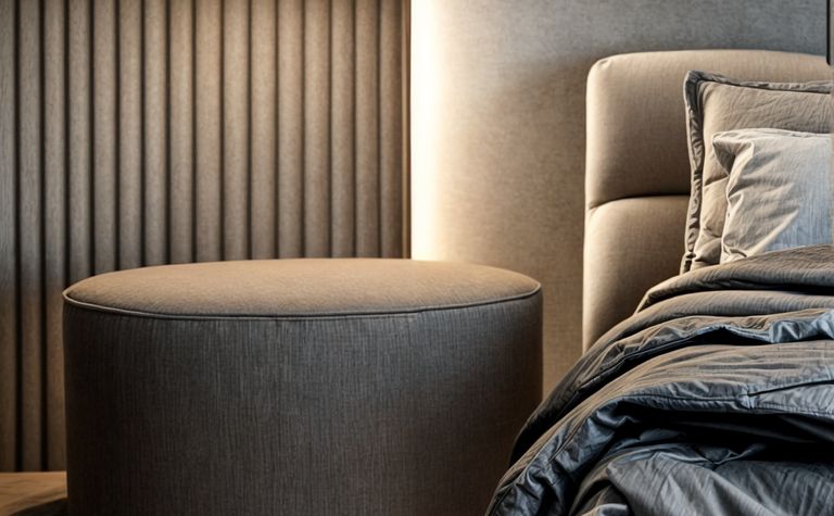 Wnętrze sypialni w stylu minimalistycznym z szarym łóżkiem, czarnymi lampami i nowoczesnymi akcentami.