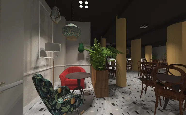 Eklektyczne wnętrze z czerwonym fotelem, roślinami i drewnianymi meblami.