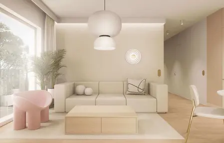 Wnętrze salonu w stylu japandi, minimalistycznym i nowoczesnym z roślinami.