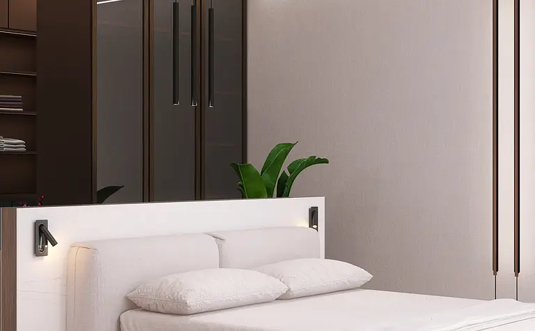 Nowoczesna sypialnia z jasnym łóżkiem, szafą i lampami, styl quiet luxury.