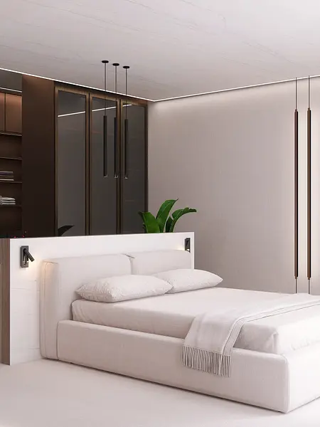 Nowoczesna sypialnia z jasnym łóżkiem, szafą i lampami, styl quiet luxury.