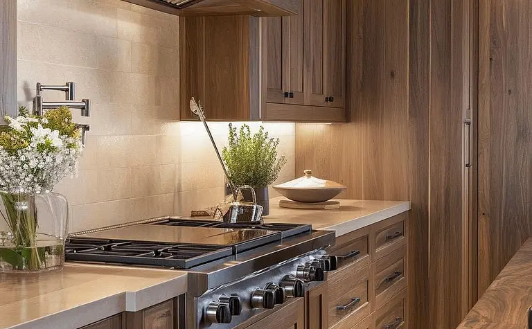 Kuchnia w stylu tradycyjnym z drewnianymi meblami i roślinami