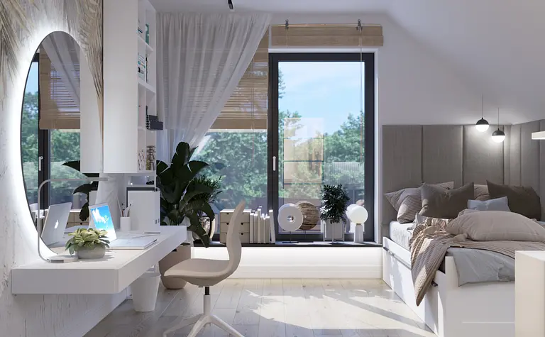 Wnętrze poddasza z nowoczesnym biurkiem, boho roślinnością i skandynawskim stylem.