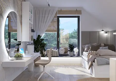 Wnętrze poddasza z nowoczesnym biurkiem, boho roślinnością i skandynawskim stylem.