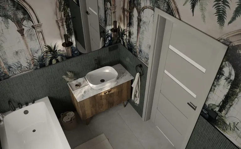 Wnętrze łazienki w stylu art deco i boho z nowoczesnym umywalką.