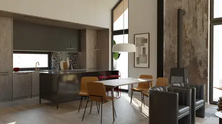 Wnętrze kuchni w stylu eklektycznym z nowoczesnymi meblami i elementami soft minimalizmu.