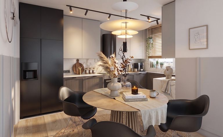 Nowoczesna kuchnia z minimalistycznym wystrojem, czarnymi meblami i drewnianymi akcentami