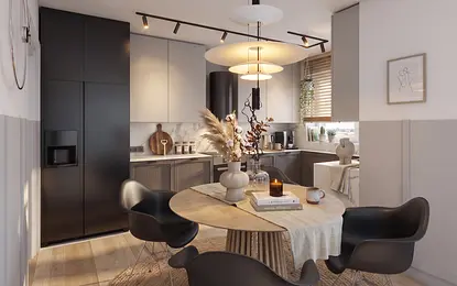 Nowoczesna kuchnia z minimalistycznym wystrojem, czarnymi meblami i drewnianymi akcentami