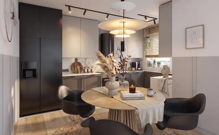 Nowoczesna kuchnia z minimalistycznym wystrojem, czarnymi meblami i drewnianymi akcentami