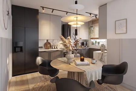 Nowoczesna kuchnia z minimalistycznym wystrojem, czarnymi meblami i drewnianymi akcentami