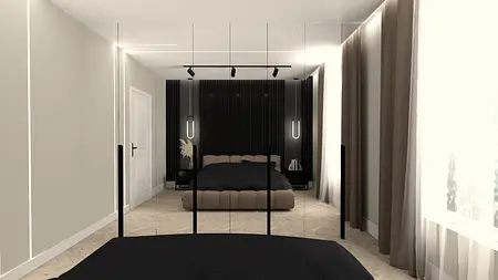 Wnętrze sypialni w stylu industrialnym i minimalistycznym z czarnym łóżkiem.