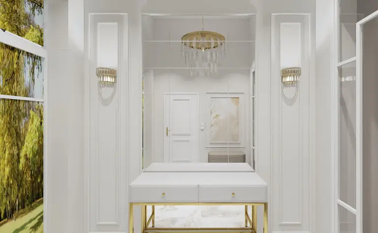 Nowoczesny przedpokój z białymi meblami i złotą lampą, glamour styl.