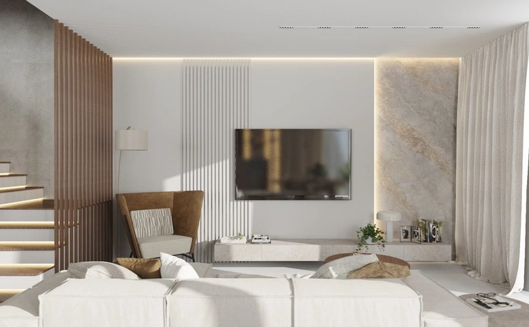 Wnętrze salonu w stylu eklektycznym i minimalizmie z jasnymi meblami.