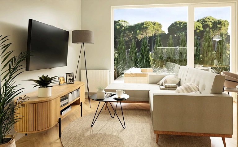 Wnętrze salonu w stylu boho, japandi, minimalistycznym, nowoczesnym, współczesnym z roślinami.