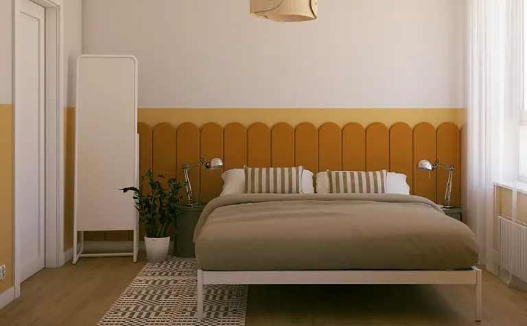 Wnętrze sypialni w stylu eklektycznym, skandynawskim i vintage z łóżkiem i rośliną.