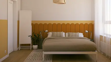 Wnętrze sypialni w stylu eklektycznym, skandynawskim i vintage z łóżkiem i rośliną.