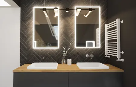 Nowoczesna łazienka z minimalistycznym designem, glamour elementami i eleganckimi lustrami.