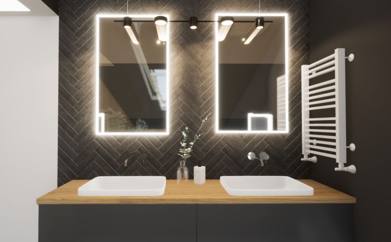 Nowoczesna łazienka z minimalistycznym designem, glamour elementami i eleganckimi lustrami.