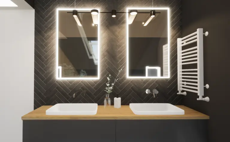 Nowoczesna łazienka z minimalistycznym designem, glamour elementami i eleganckimi lustrami.
