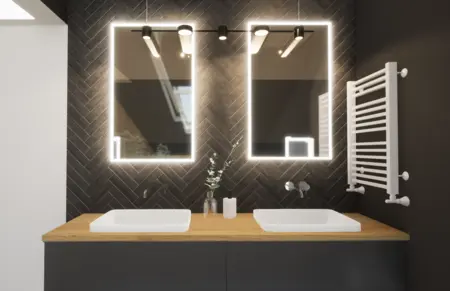 Nowoczesna łazienka z minimalistycznym designem, glamour elementami i eleganckimi lustrami.