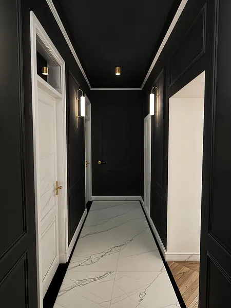 Stylowy przedpokój w art deco i vintage z czarnymi ścianami i białą podłogą.