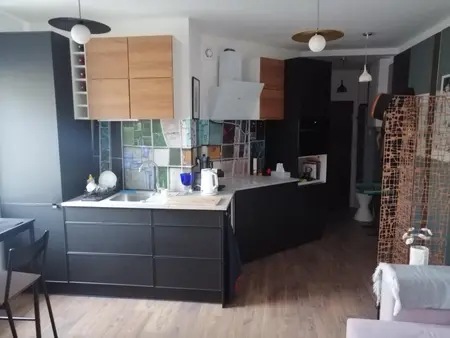 Kuchnia w stylu nowoczesnym z czarnymi meblami i drewnianymi detalami.