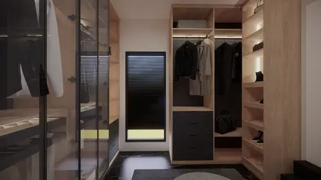 Garderoba minimalistyczna z drewnianymi meblami i czarnymi detalami.