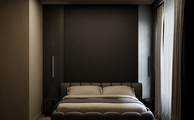 Sypialnia w stylu minimalistycznym z ciemnymi ścianami i jasnym łóżkiem, współczesny design.