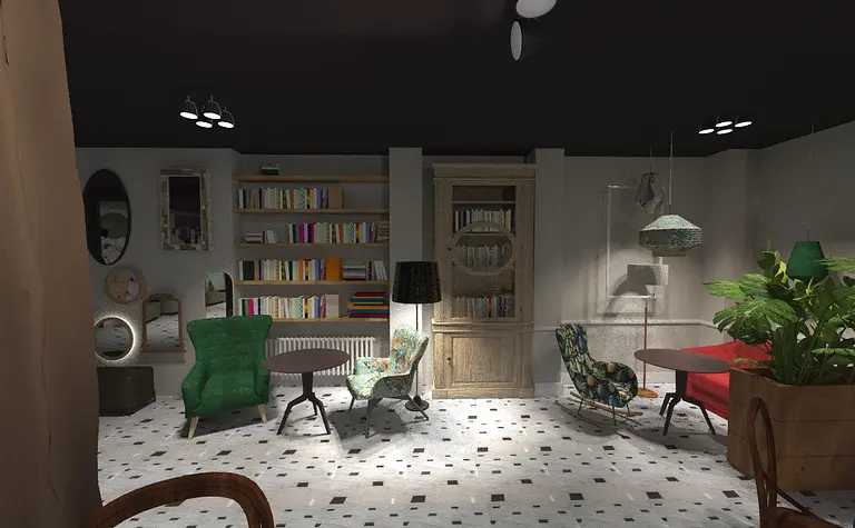 Eklektyczne wnętrze z zielonymi fotelami, półkami na książki i roślinami.