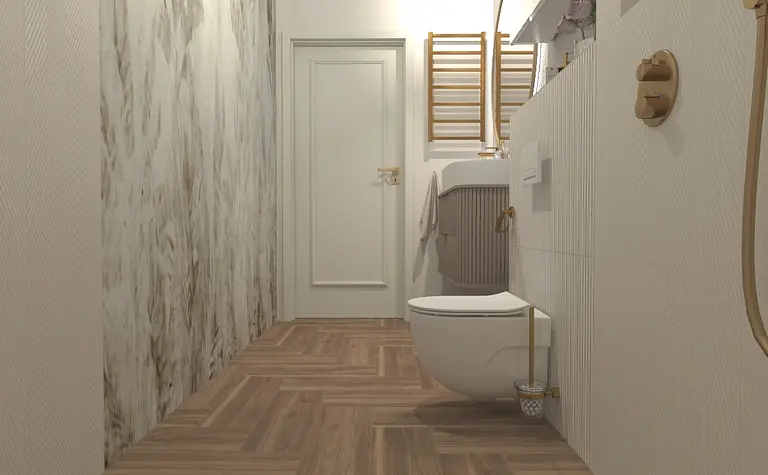 Wnętrze łazienki z drewnianą podłogą i białymi elementami, współczesny design