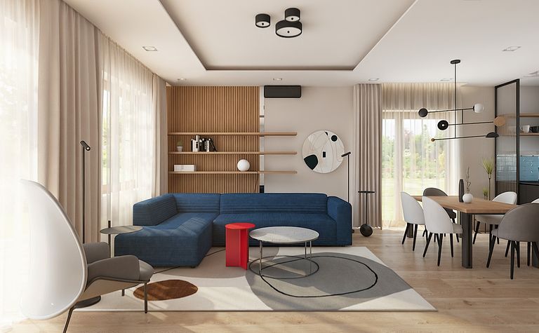 Wnętrze salonu w stylu dopamine decor, minimalistycznym i nowoczesnym z niebieską sofą.