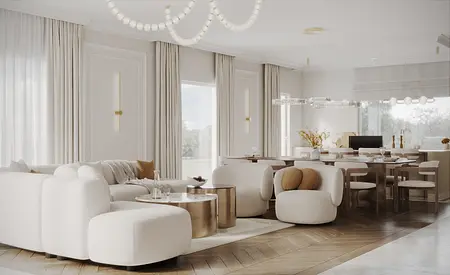 Wnętrze salonu z białymi meblami i elementami quiet luxury.