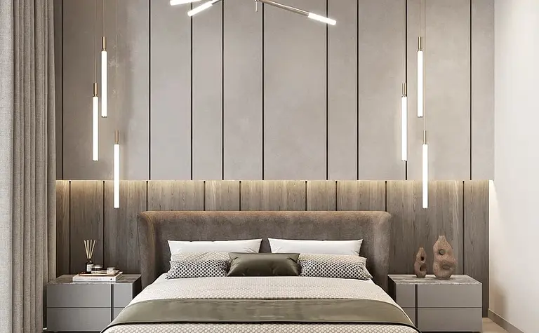 Sypialnia w stylu minimalistycznym z nowoczesnym oświetleniem i drewnianymi detalami