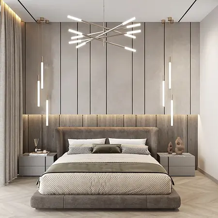 Sypialnia w stylu minimalistycznym z nowoczesnym oświetleniem i drewnianymi detalami