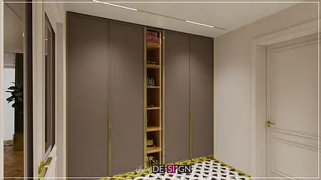 Garderoba z brązowymi szafkami i złotymi akcentami w stylu art deco.