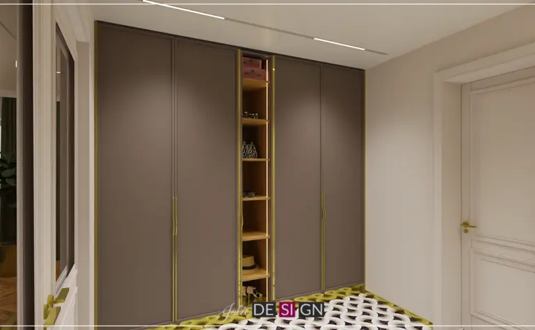Garderoba z brązowymi szafkami i złotymi akcentami w stylu art deco.