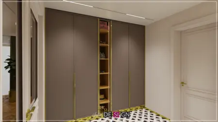 Garderoba z brązowymi szafkami i złotymi akcentami w stylu art deco.