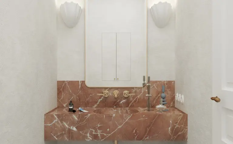 Wnętrze toalety z marmurową umywalką i jasnymi ścianami, styl art deco, minimaluxe, quiet luxury.