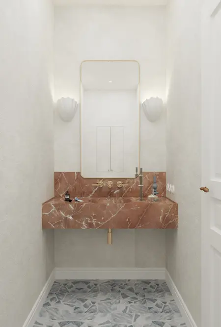 Wnętrze toalety z marmurową umywalką i jasnymi ścianami, styl art deco, minimaluxe, quiet luxury.