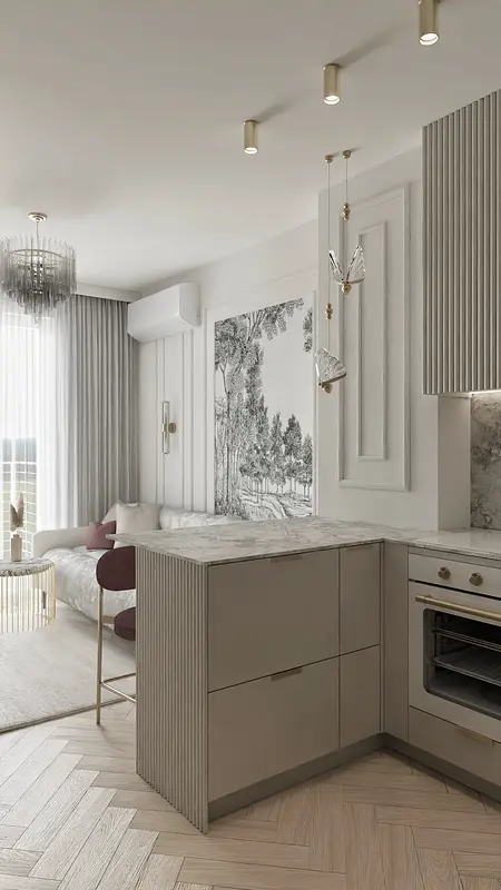 Wnętrze kuchni z beżowymi meblami, białymi akcentami i nowoczesnymi detalami glamour.