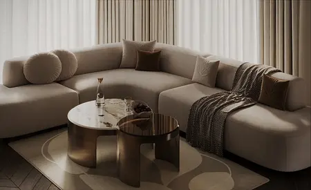 Wnętrze salonu z beżową sofą, złotymi stolikami i zasłonami w stylu quiet luxury.