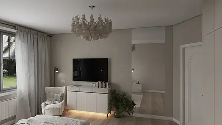 Wnętrze sypialni z białymi meblami, szarymi ścianami i rośliną.