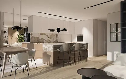 Wnętrze minimalistycznej kuchni z drewnianymi meblami i czarnymi dodatkami, styl quiet luxury.
