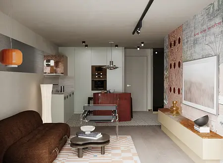 Wnętrze kuchni z elementami art deco i vintage, z brązową sofą.